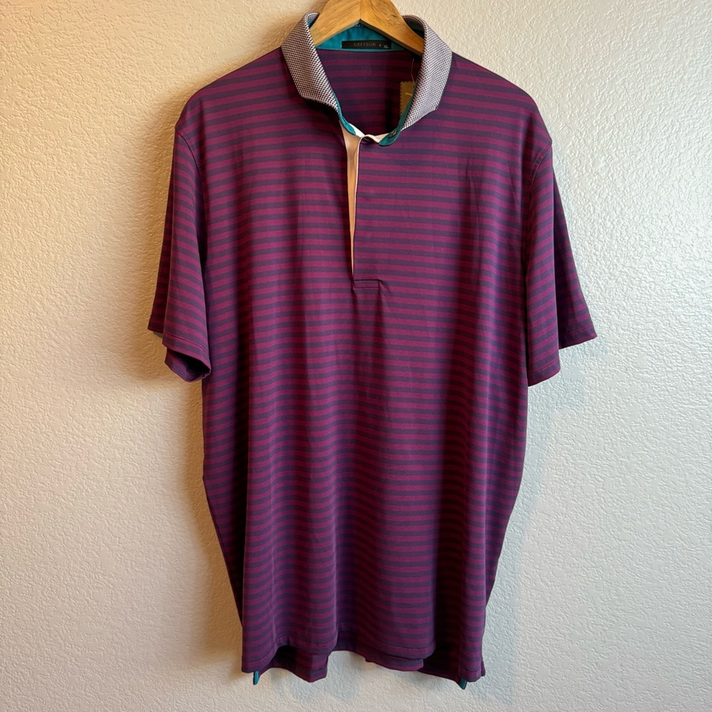 Men’s Greyson Short Sleeve Polo Striped Shirt Size XL Purple Pink Wolf